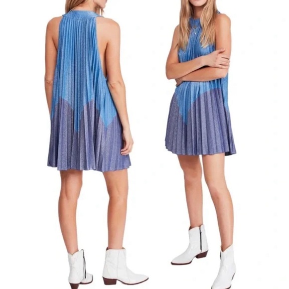 Free People Pleated Love Metallic Mini Dress Halter Blue Sz Small BOHO Festival - Picture 1 of 4